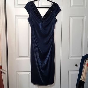 NWOT Maggy London Blue Dress, size 12, Black Beading at neckline, 19 inches Ptp